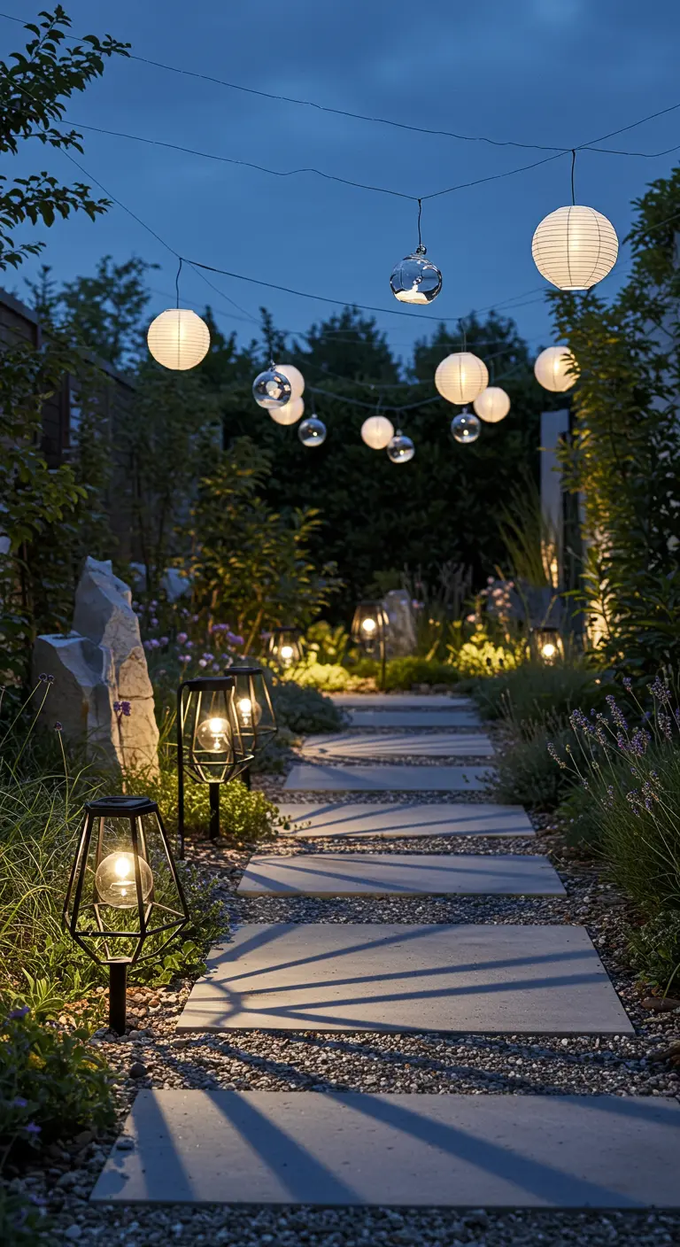 Allée de jardin moderne avec dalles, lanternes solaires et lampions blancs suspendus.
