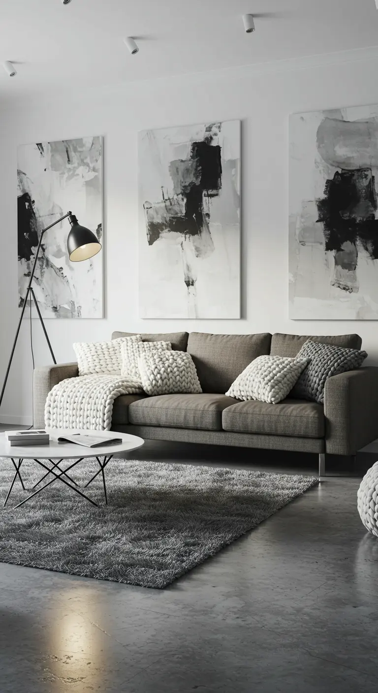 Salon monochrome gris avec canapé moderne, tapis à poils longs, coussins tricotés et tableaux abstraits.