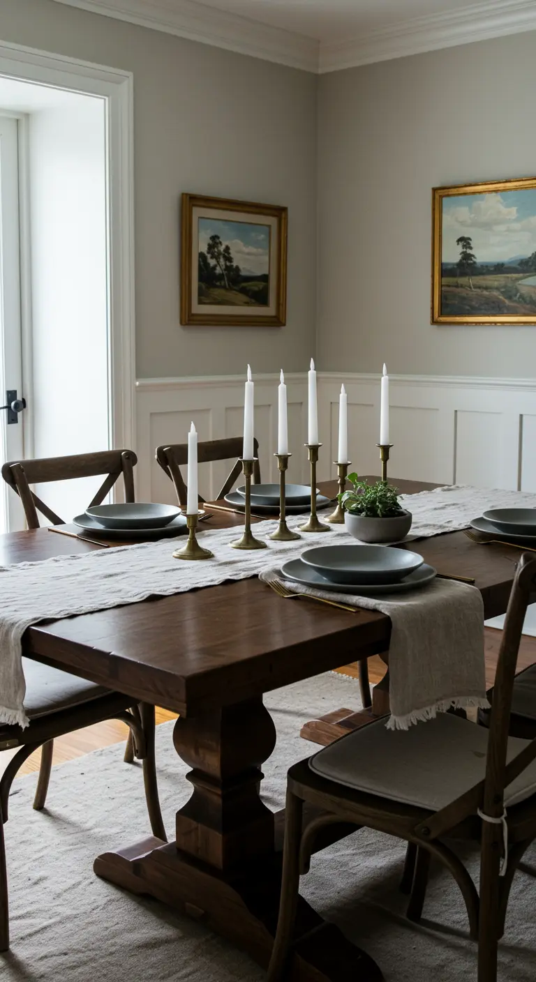 Chemin de table en lin beige clair, bougeoirs en laiton et bougies sur table en bois foncé