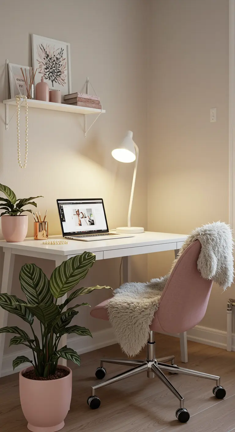 Bureau blanc avec une chaise rose, des plantes dans des pots roses et des accessoires poudrés.