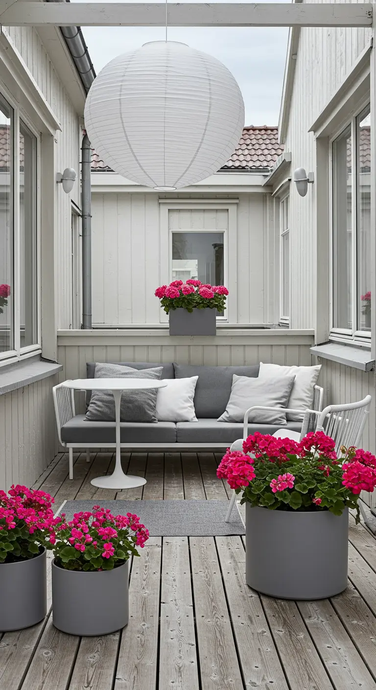 Terrasse de style scandinave avec des meubles gris et des fleurs de géranium fuchsia vif.