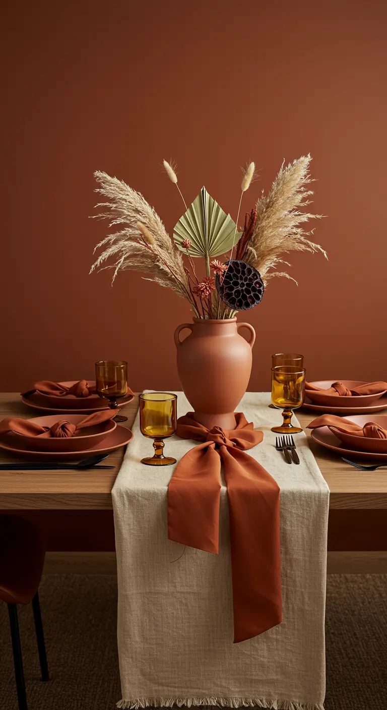 Table de fête aux tons terracotta avec un bouquet de fleurs séchées et un grand nœud en tissu.