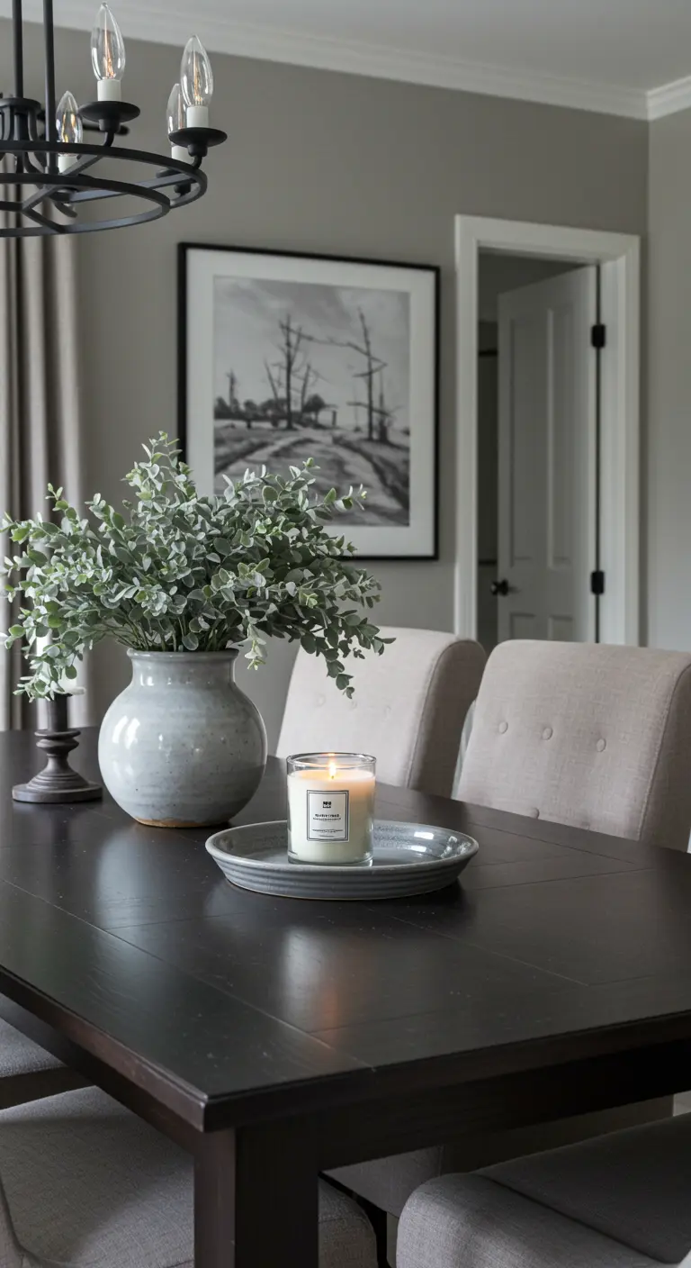 Centre de table dans les tons gris avec bougie, vase d'eucalyptus et assiette en céramique.
