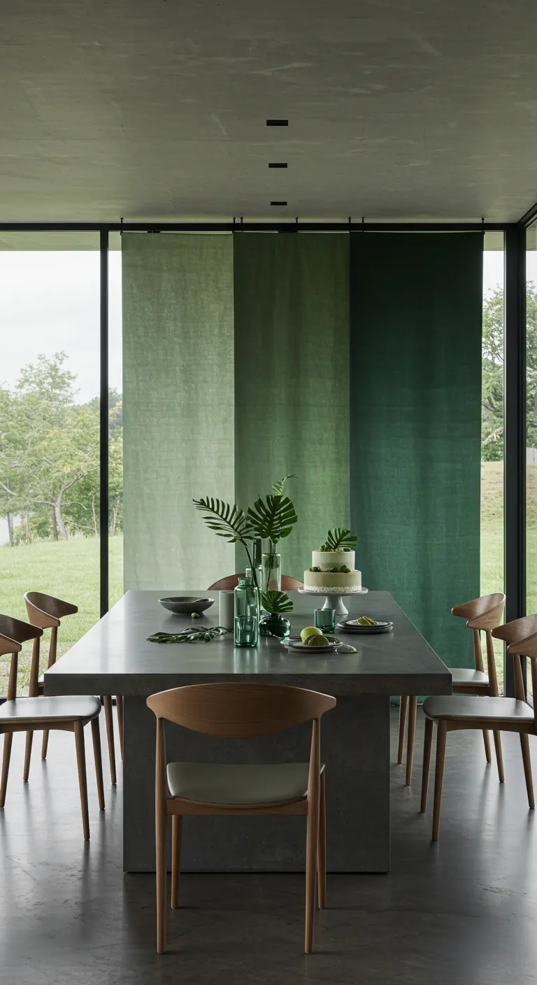 Salle à manger moderne avec table en béton, chaises en bois et panneaux de tissu vert.