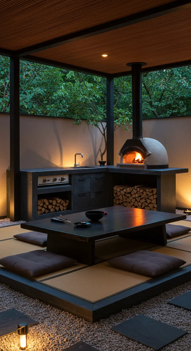 Cuisine extérieure minimaliste d'inspiration japonaise avec table basse.