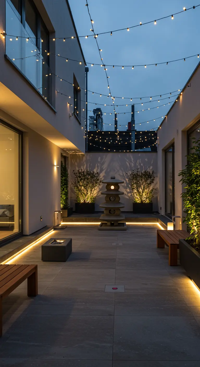 Cour zen moderne avec guirlandes lumineuses, bandes LED, bancs en bois, arbustes et une sculpture.