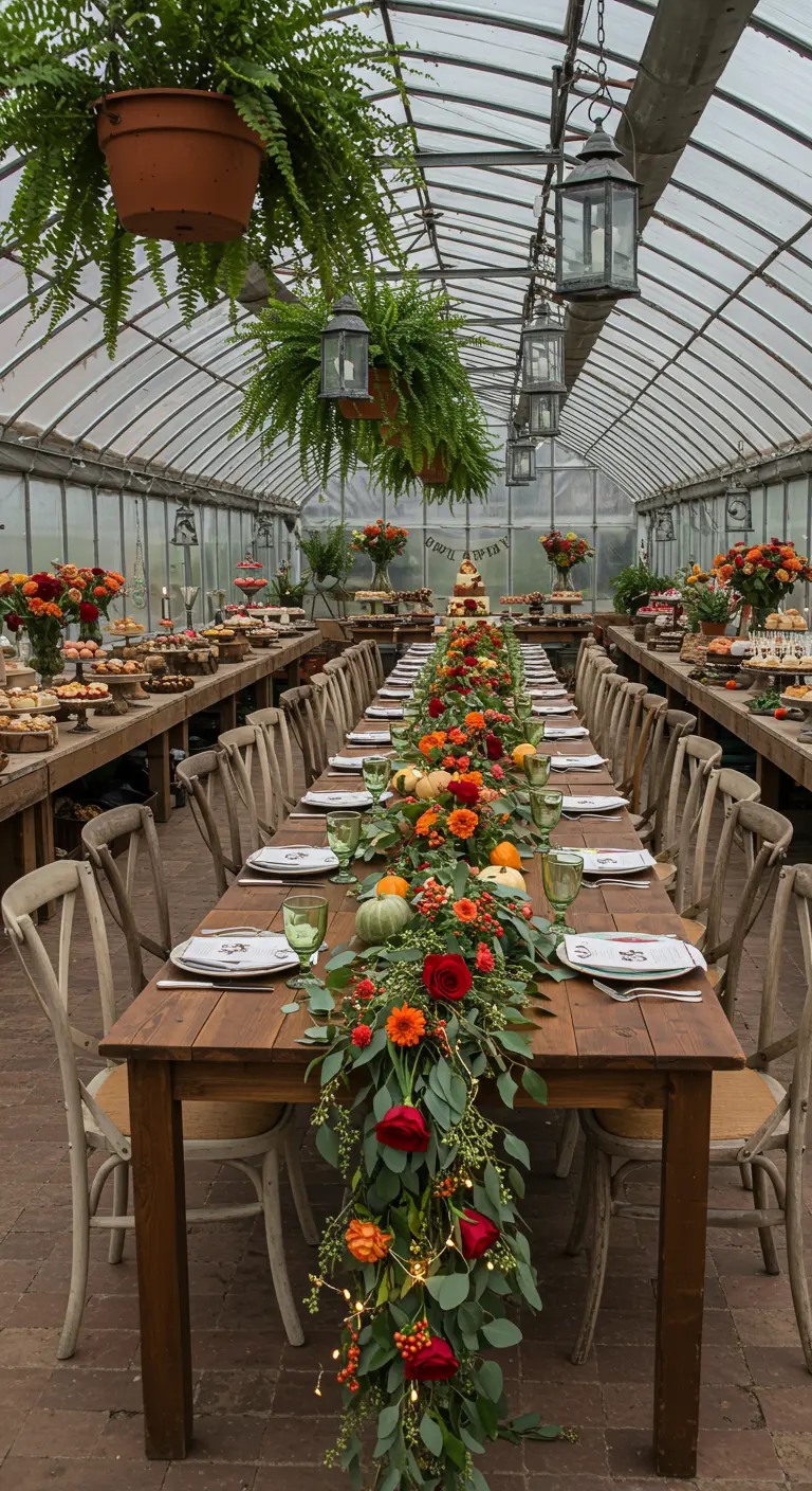 Longue table de fête rustique dans une serre, avec chemin de table floral abondant et citrouilles.