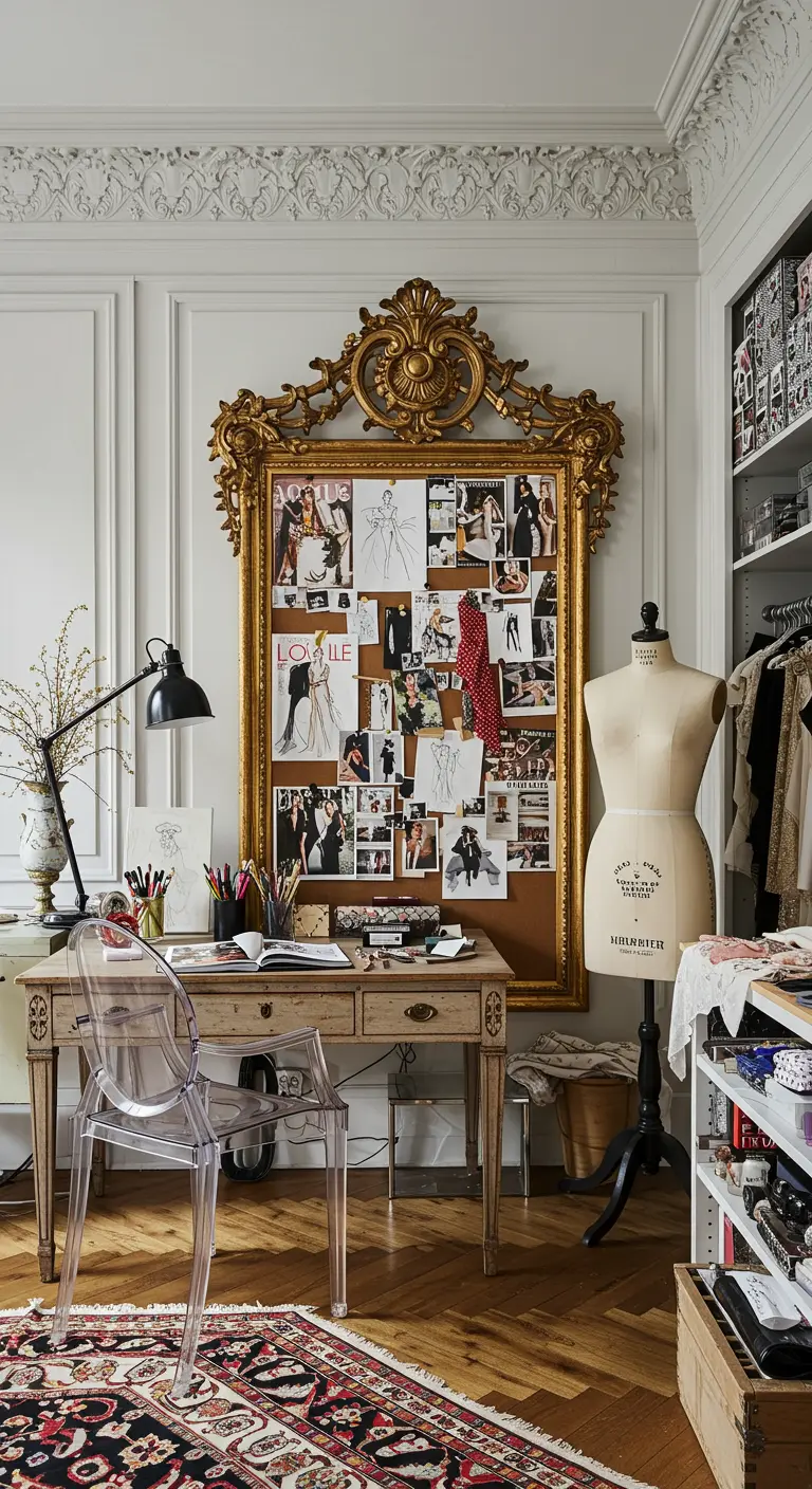 Bureau de styliste avec un moodboard dans un grand cadre doré orné.