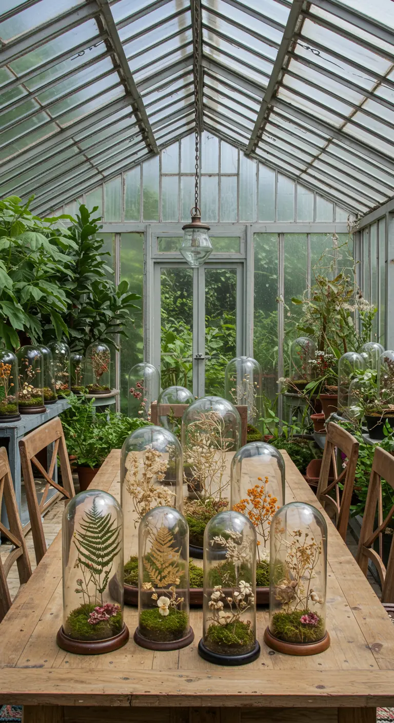 Collection de fleurs séchées sous des cloches en verre sur une table en bois dans une serre.