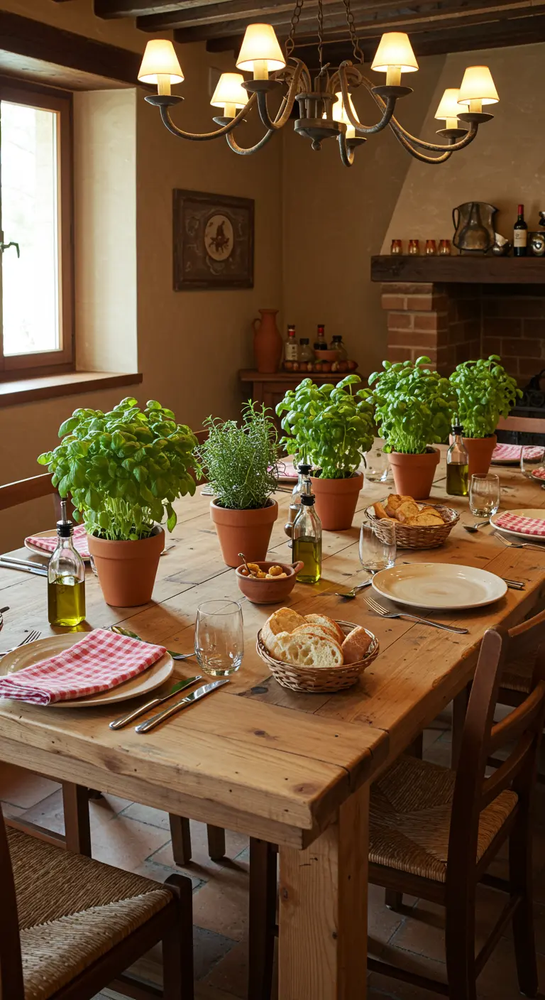 Table en bois rustique avec des pots de basilic et de romarin, bouteilles d'huile et paniers à pain.