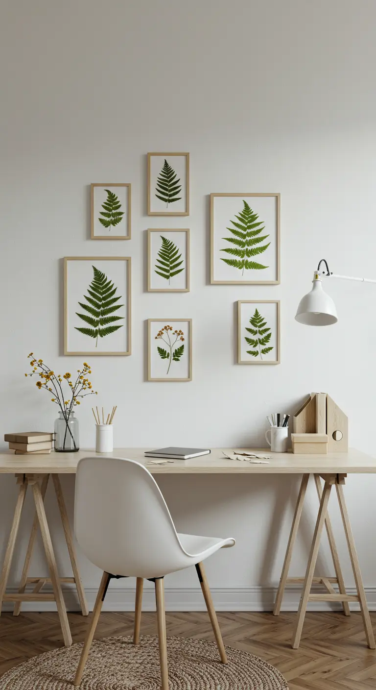 Mur de cadres en bois clair affichant des feuilles de fougère pressées au-dessus d'un bureau
