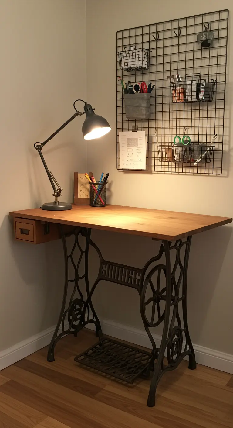 Bureau fabriqué avec un ancien pied de machine à coudre en fonte et un plateau en bois.