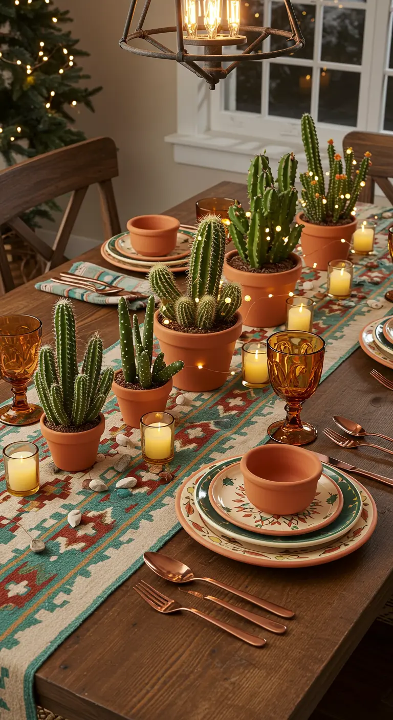 Table de fête sur le thème du désert avec un chemin de table ethnique, des cactus et de la vaisselle en terre cuite.