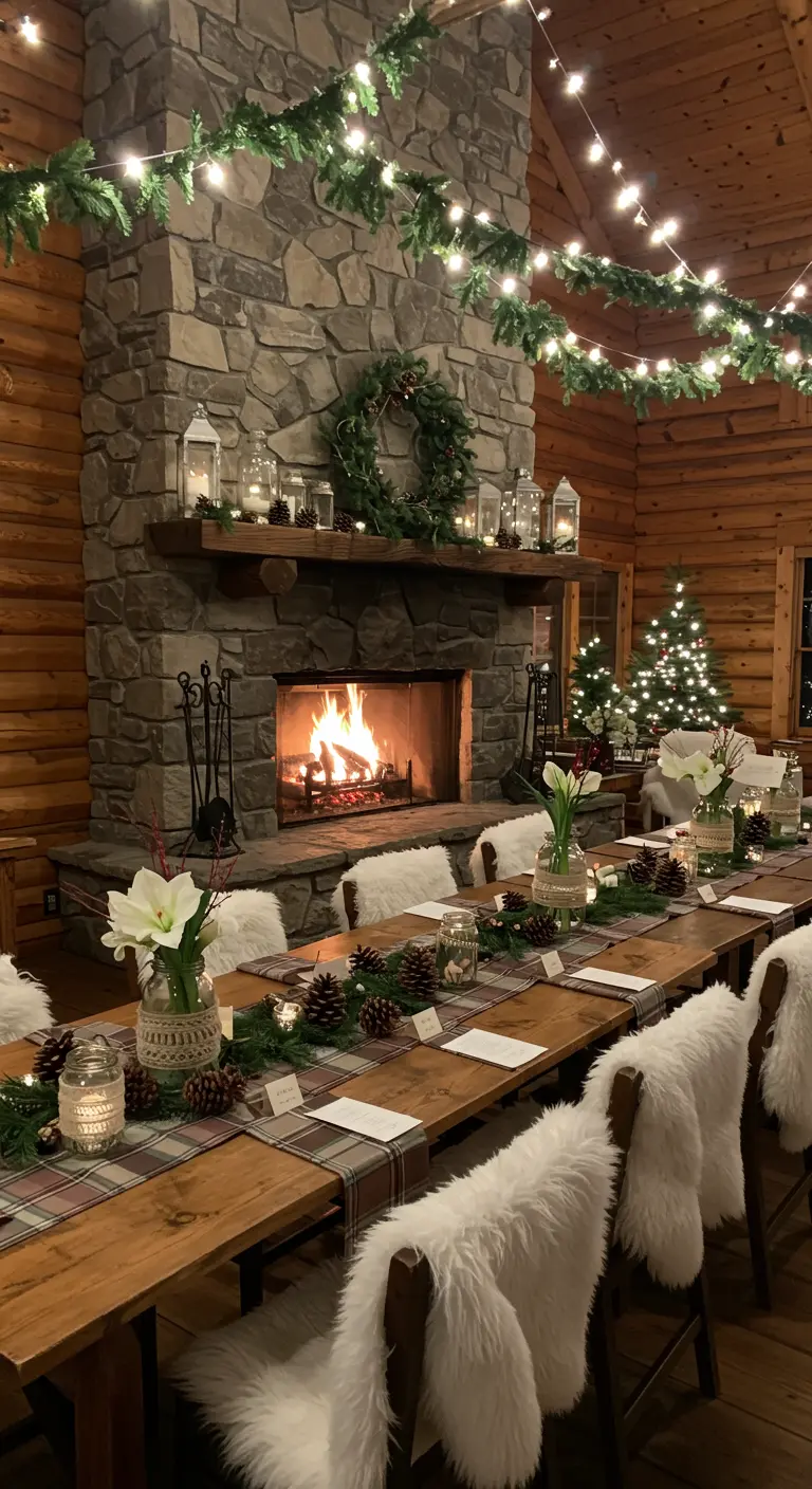 Table de mariage d'hiver dans un chalet, cheminée, bocaux de verdure, pommes de pin et fourrures blanches.