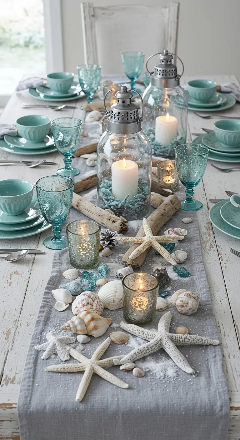 Thème de réveillon côtier avec coquillages, bois flotté et lanternes.