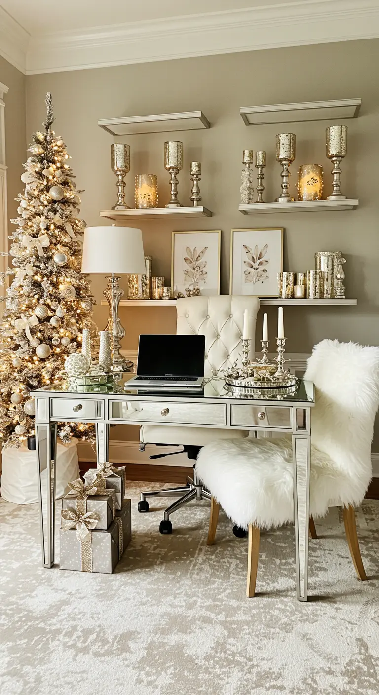 Bureau miroir avec un petit sapin de Noël, des décorations argentées et une chaise en fourrure.