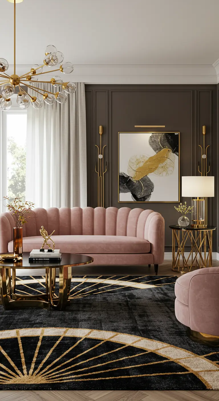 Canapé en velours rose sur un tapis noir à motifs Art Déco dorés.