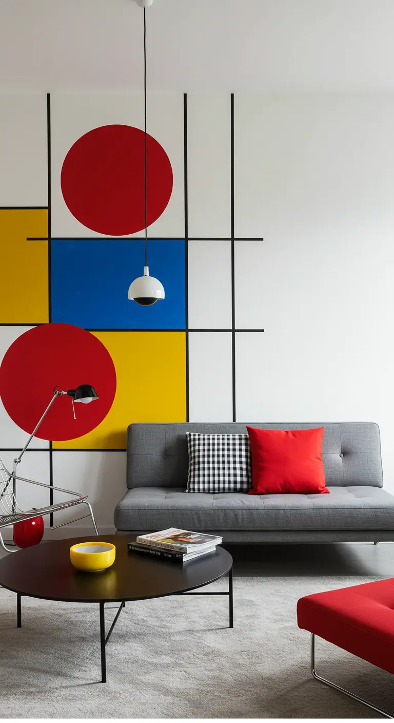 Mur blanc avec un motif de grille noire et des blocs de couleur rouge, jaune et bleu.