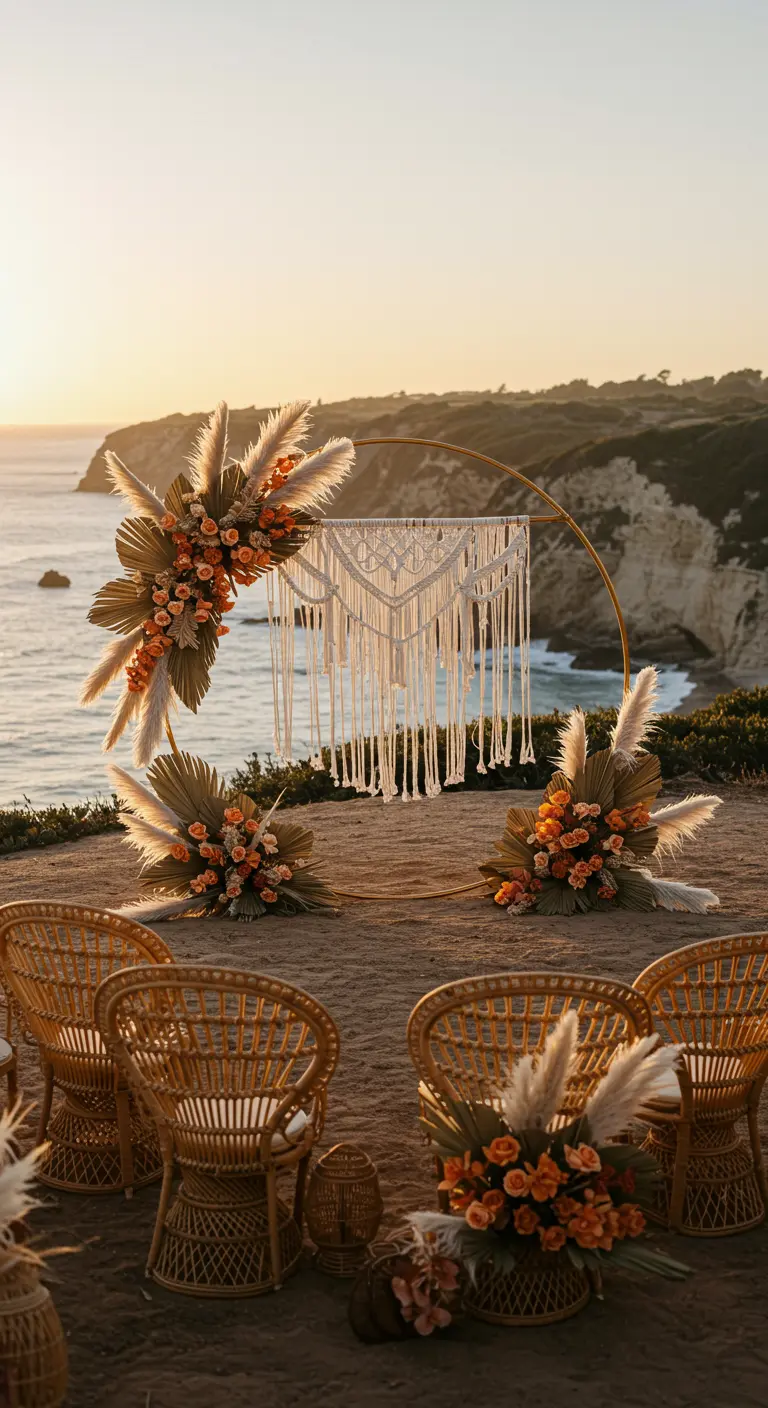 Arche circulaire avec macramé et fleurs orangées surplombant l'océan.