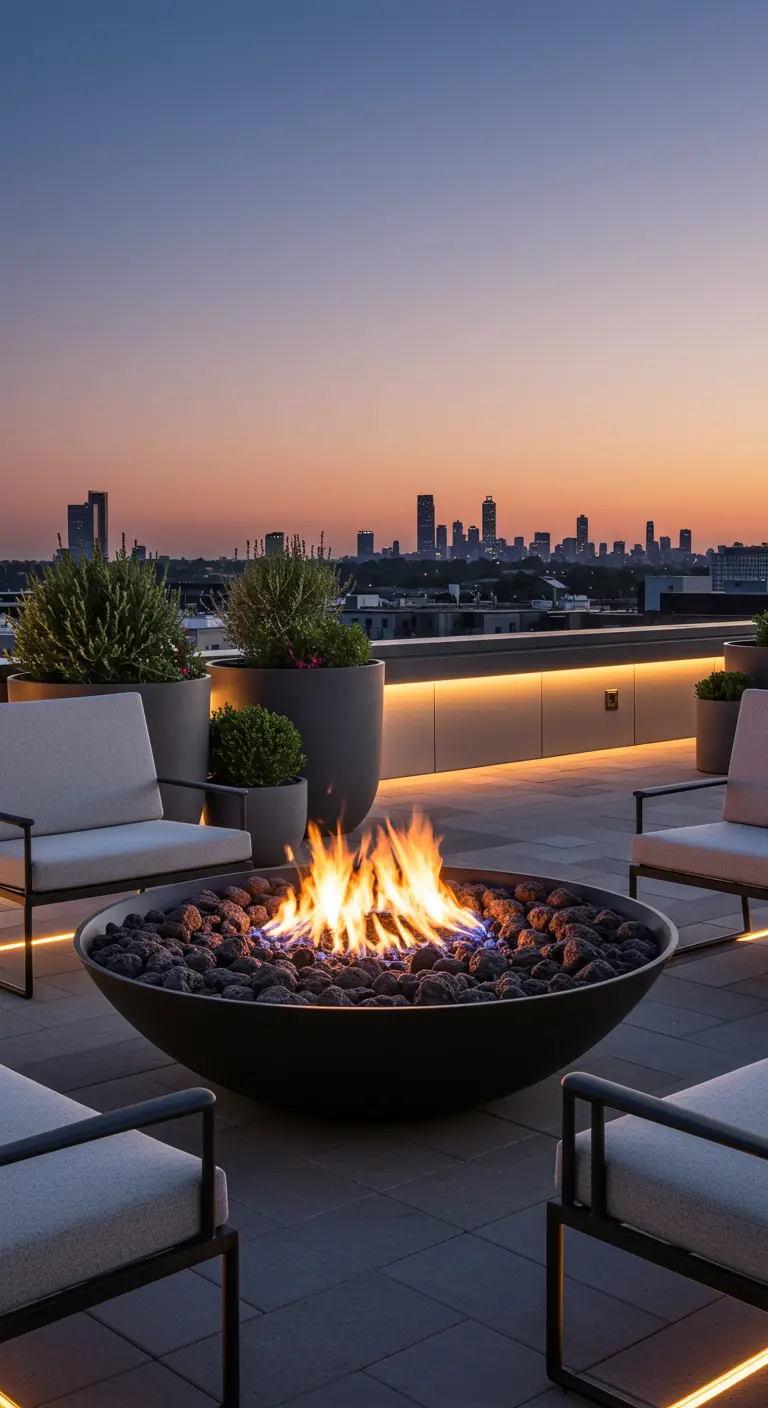 Terrasse de toit avec grand brasero, mobilier épuré et skyline urbaine au coucher du soleil.