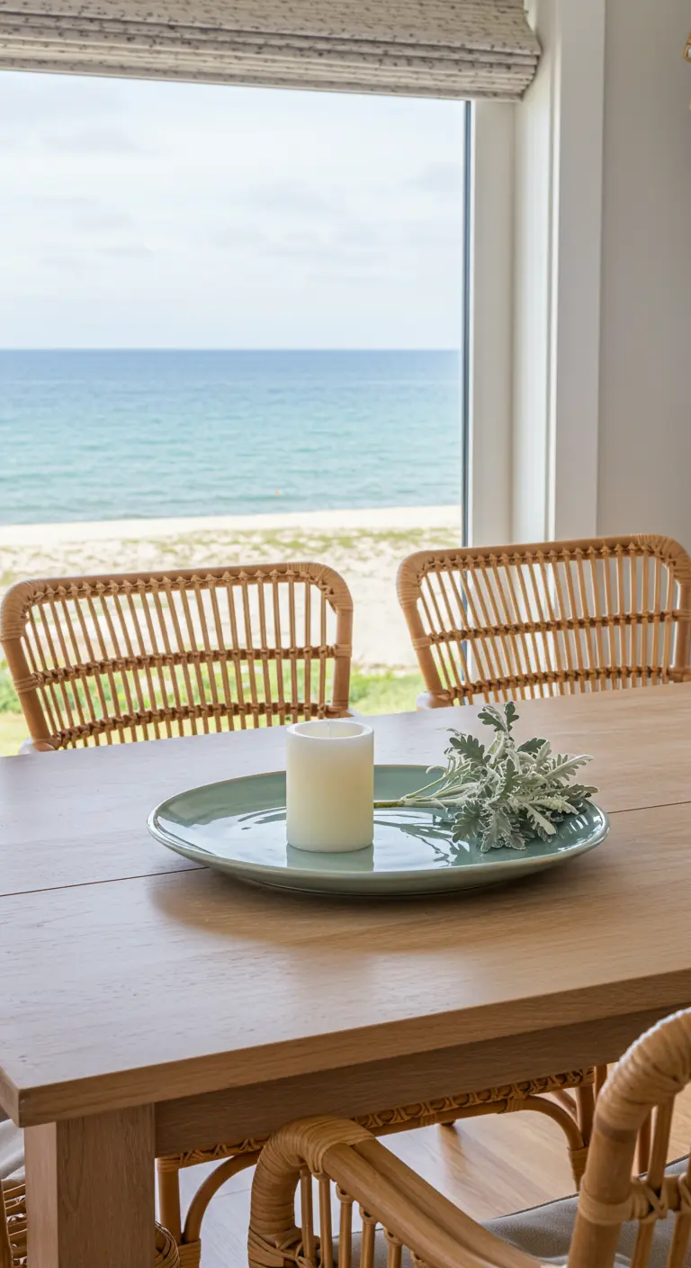 Bougie blanche et feuillage argenté sur une assiette vert d'eau face à la mer.