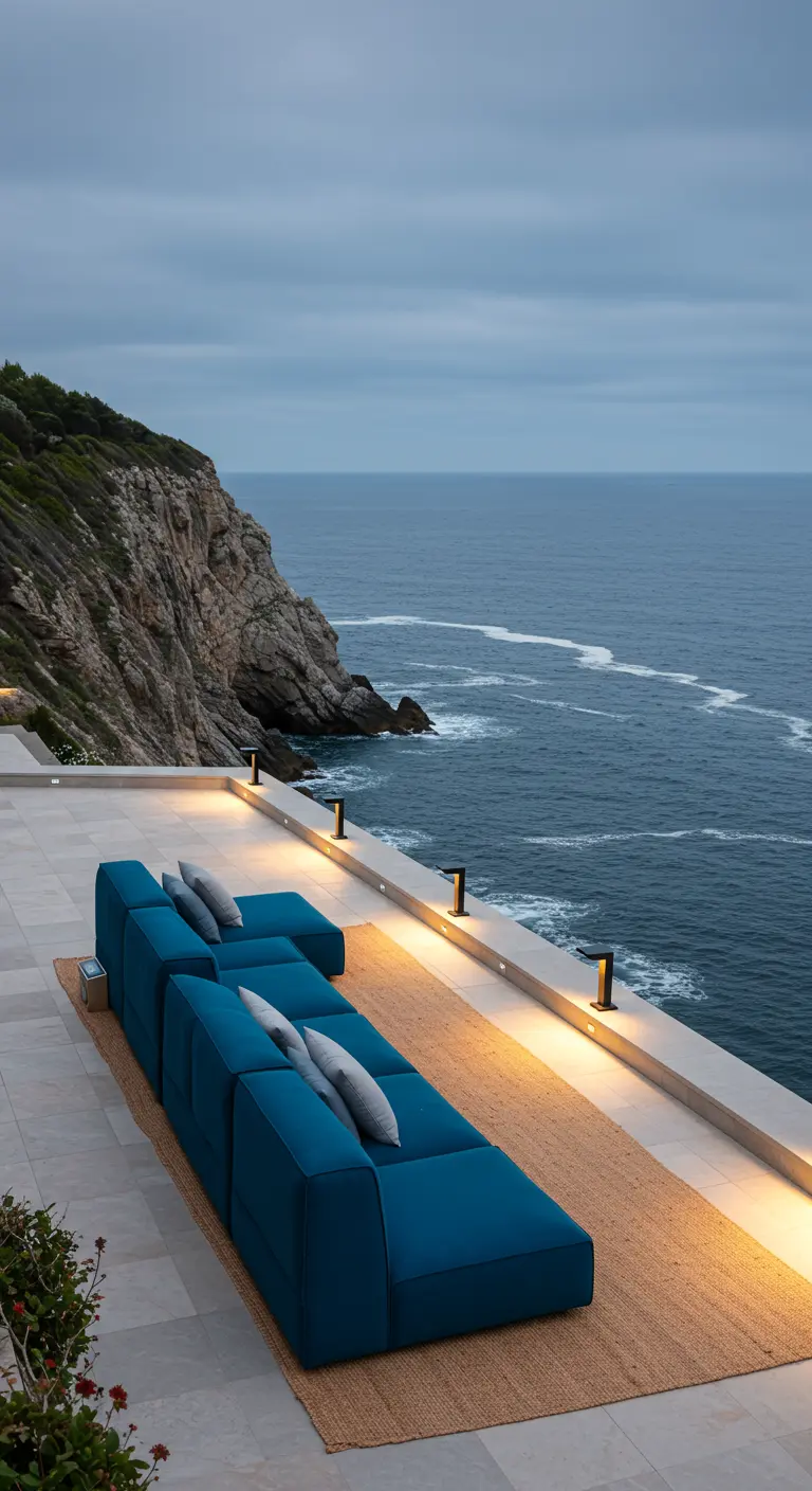 Canapés modulaires bleus disposés face à l'océan sur une terrasse surplombant une falaise.