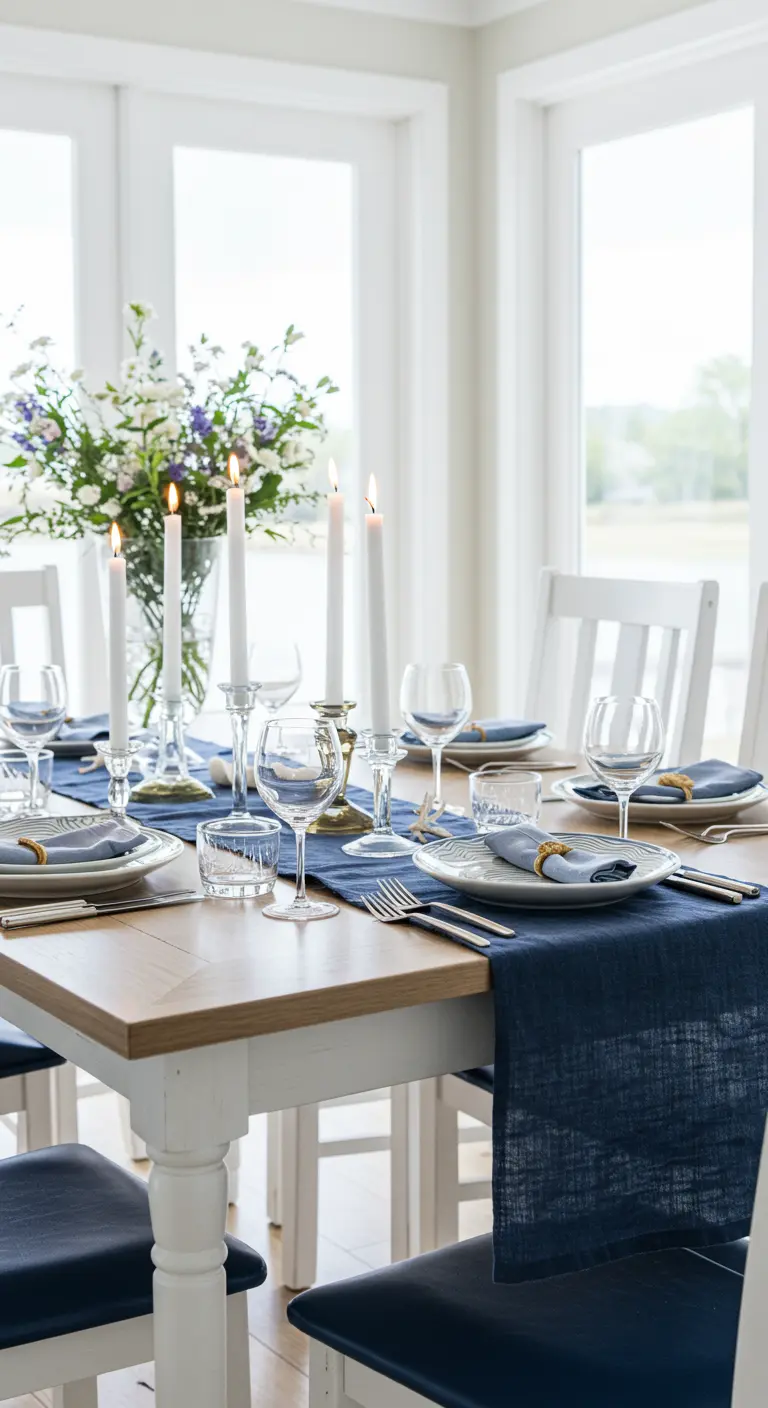 Table à manger lumineuse avec chemin de table bleu marine, bougies blanches et bouquet de fleurs.