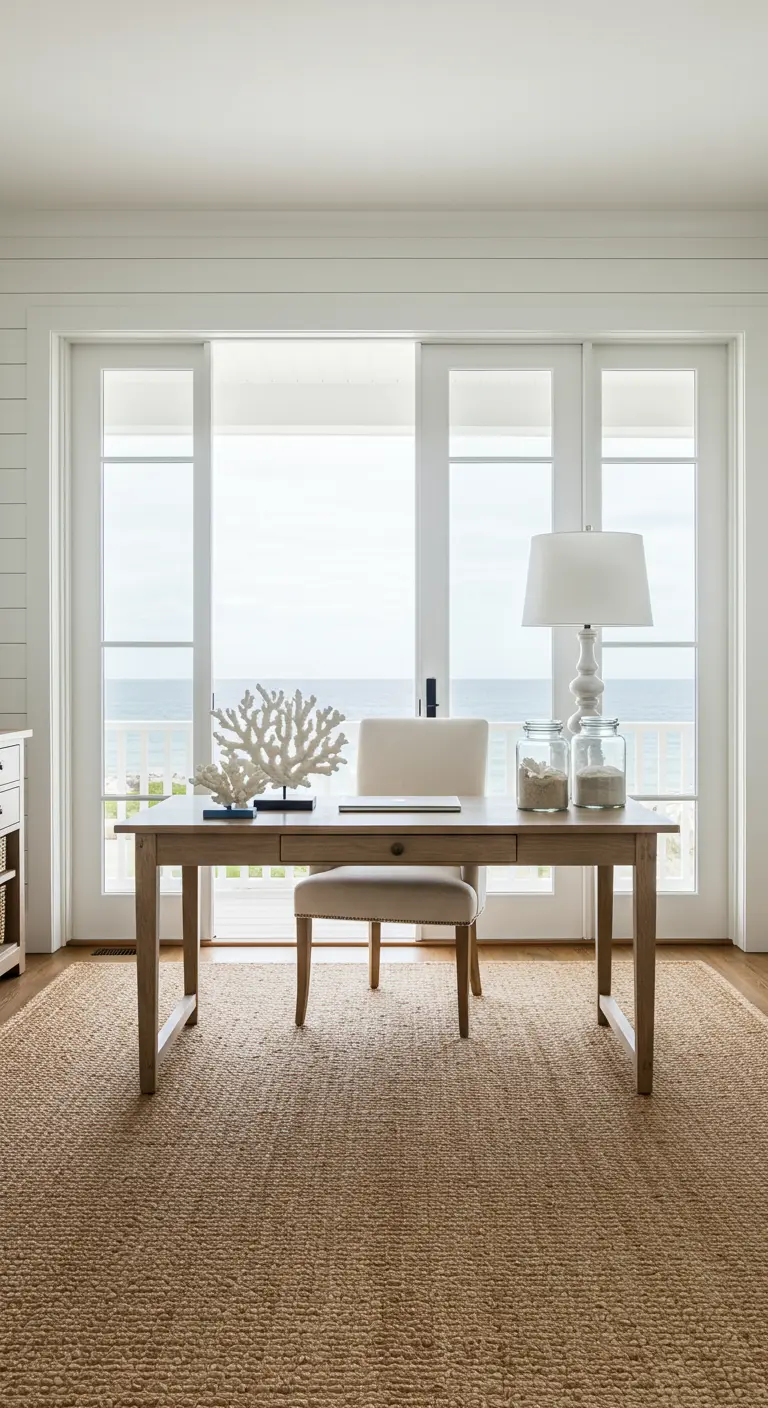 Bureau en bois clair face à une baie vitrée donnant sur la mer, avec un tapis en jonc de mer.