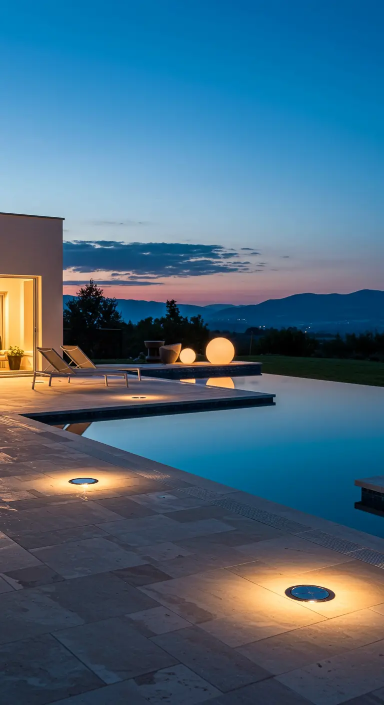 Bord de piscine avec des spots solaires encastrés et des sphères lumineuses.