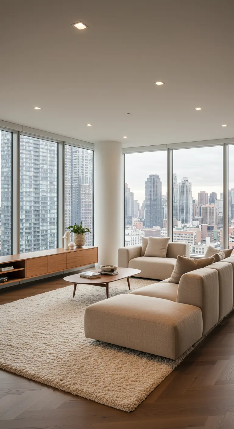Salon moderne en hauteur avec vue sur la ville et grand tapis shaggy.