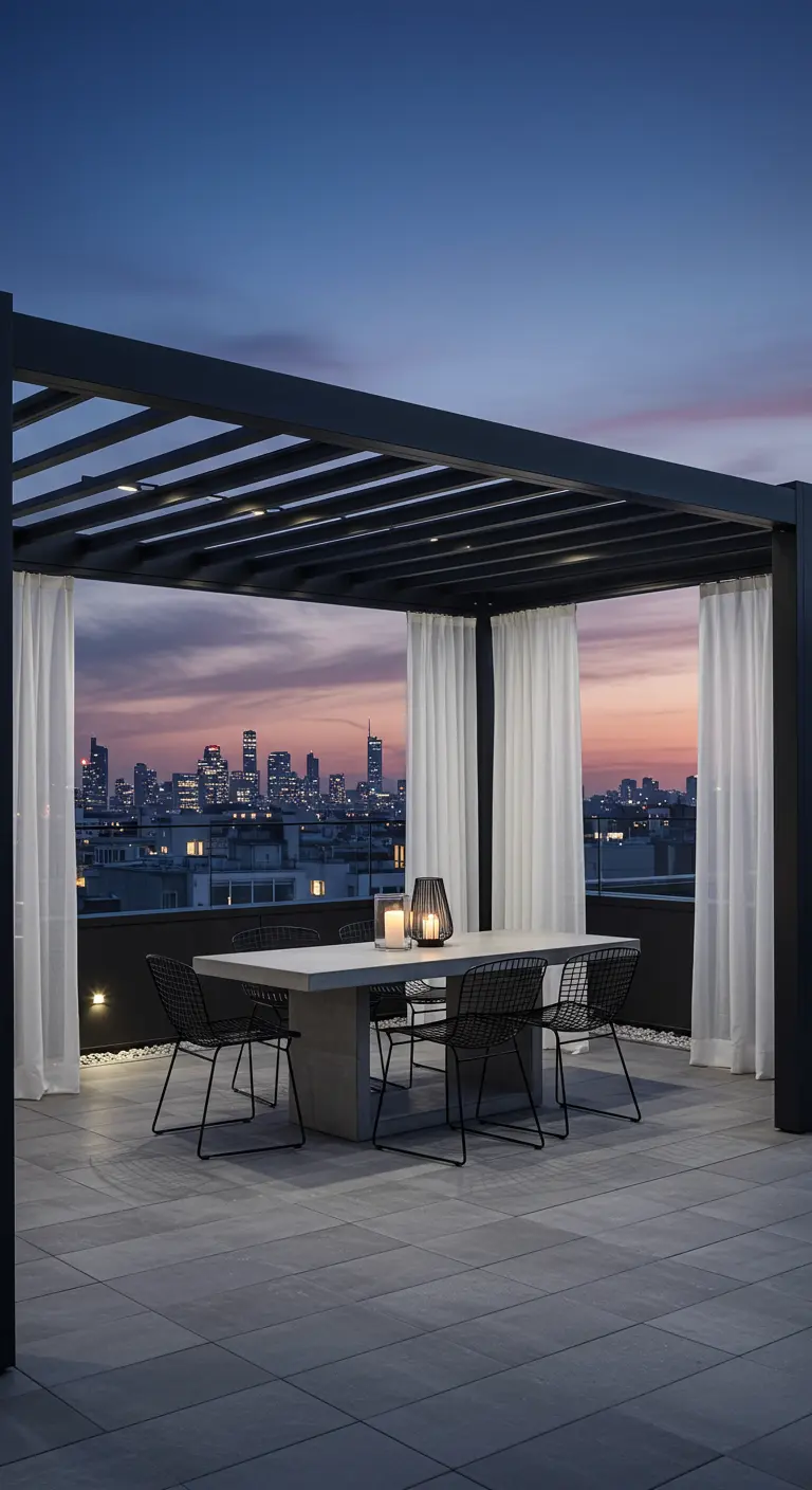 Pergola moderne sur un toit-terrasse avec vue sur la ville au crépuscule