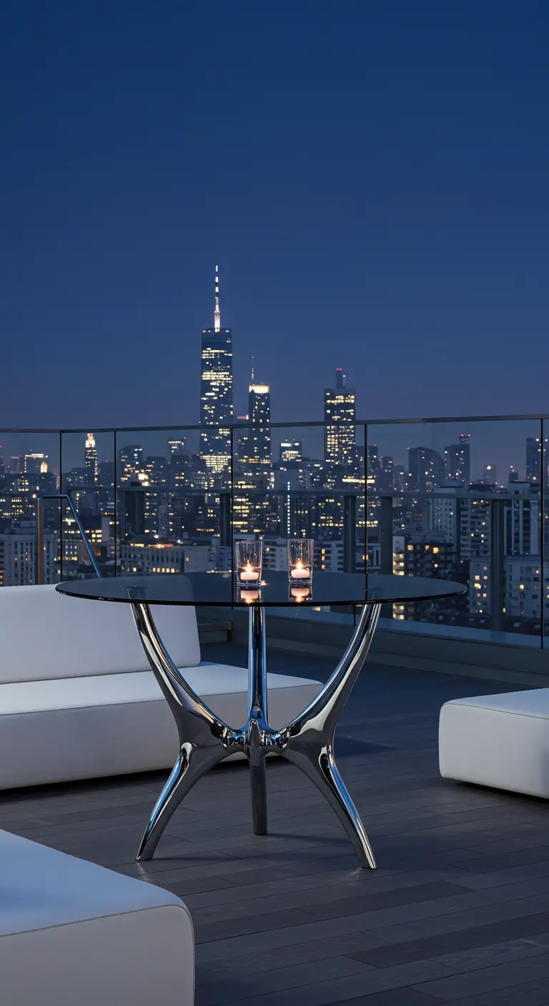 Table design en chrome sur un rooftop surplombant une ville nocturne.