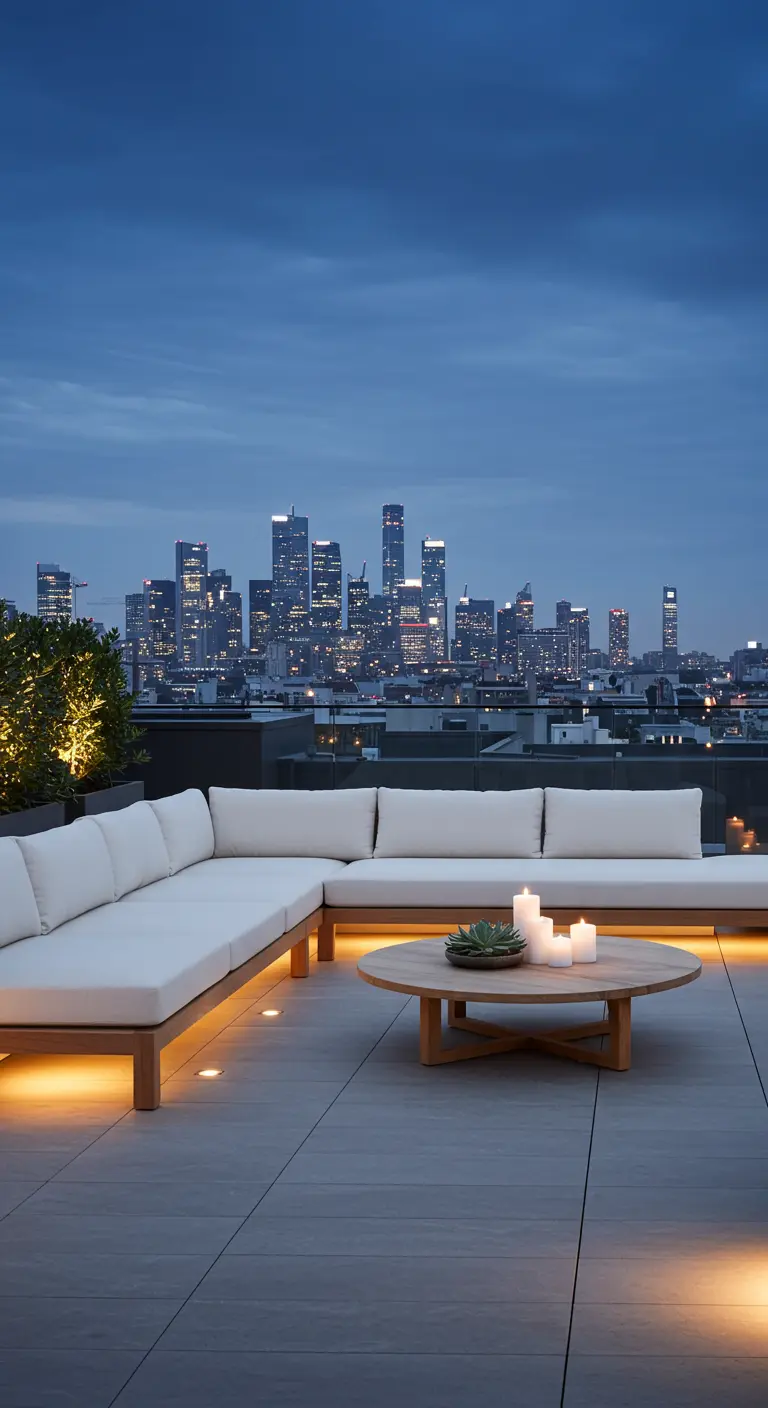 Canapé d'angle blanc sur une terrasse de toit avec vue sur la ville la nuit, table basse en bois.