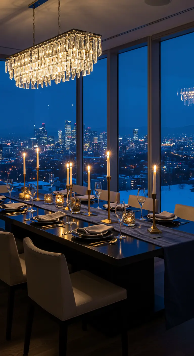 Table de fête élégante avec des chandeliers en laiton devant une baie vitrée surplombant la ville.