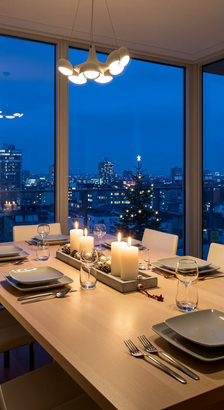 Table de Noël moderne avec vue panoramique sur une ville illuminée la nuit.