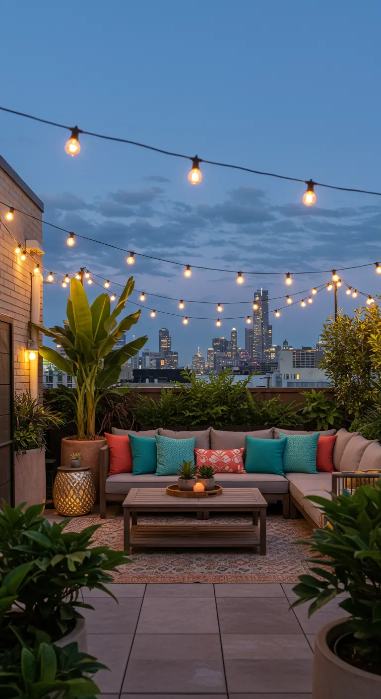 Terrasse sur un toit moderne avec des guirlandes lumineuses et vue sur la ville de nuit.