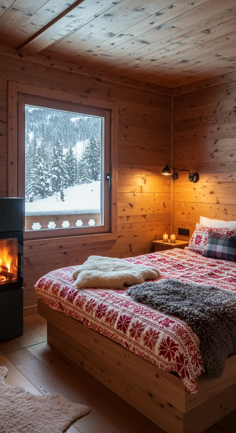 Chambre de chalet en bois clair avec poêle moderne et vue sur la neige.