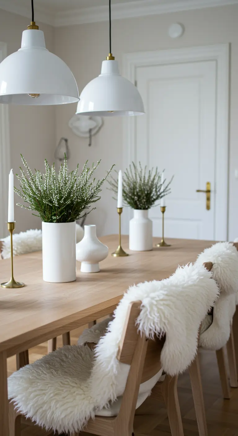 Table en bois de style scandinave avec des peaux de mouton sur les chaises et des bougeoirs dorés.