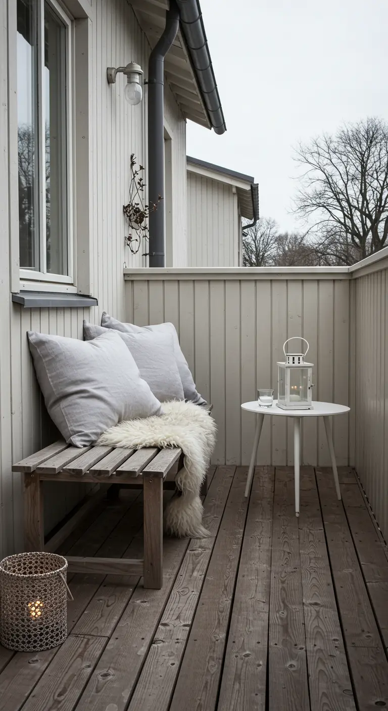 Banc en bois avec coussins gris et peau de mouton sur une terrasse en bois.
