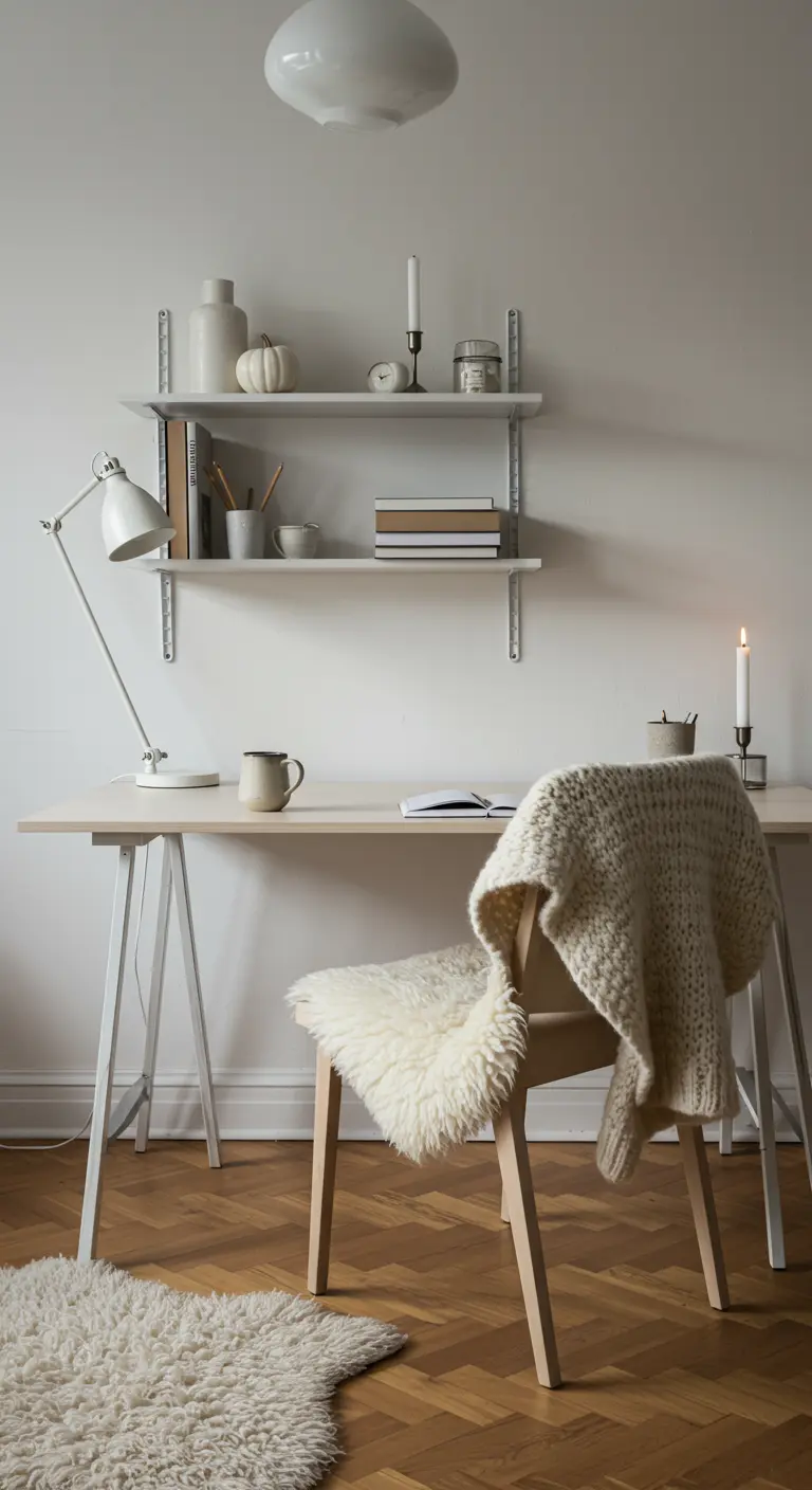 Bureau scandinave blanc et bois avec un plaid en laine sur la chaise et une petite citrouille.