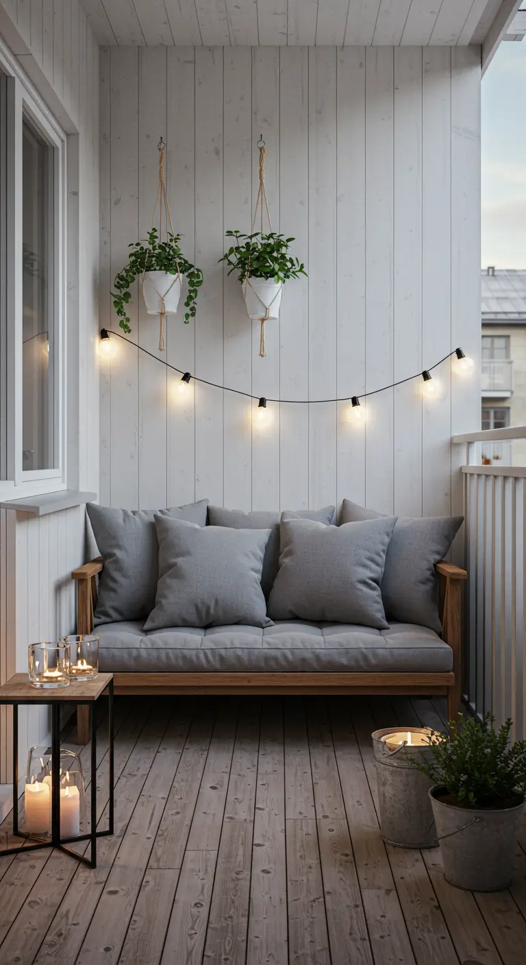 Balcon de style scandinave avec canapé en bois, coussins gris et plantes suspendues.