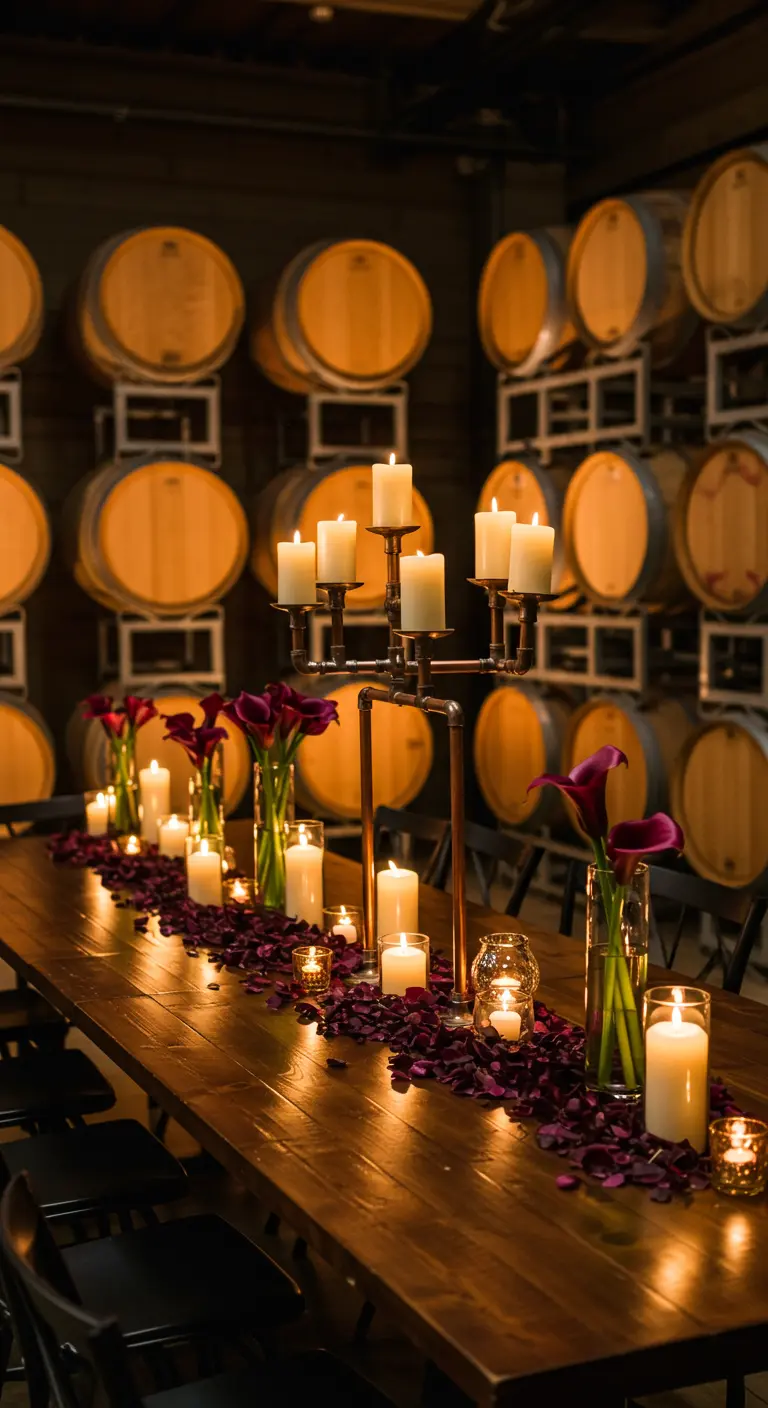 Longue table dans une cave à vin, avec candélabre en cuivre et pétales de fleurs sombres.