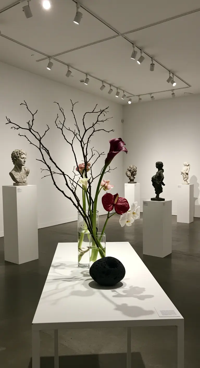 Arrangement floral de style ikebana avec des branches et des arums dans une galerie d'art.