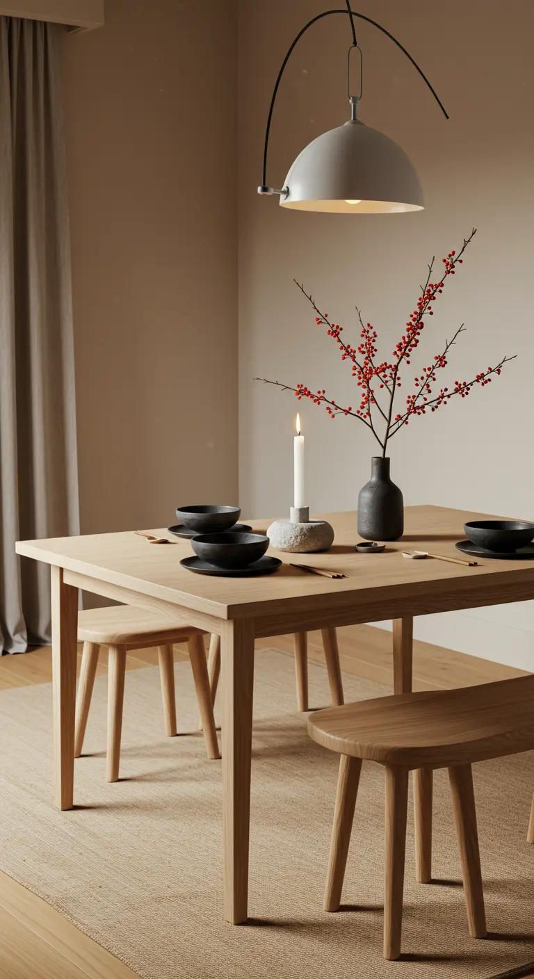 Table de Noël minimaliste avec une branche de baies rouges dans un vase noir.