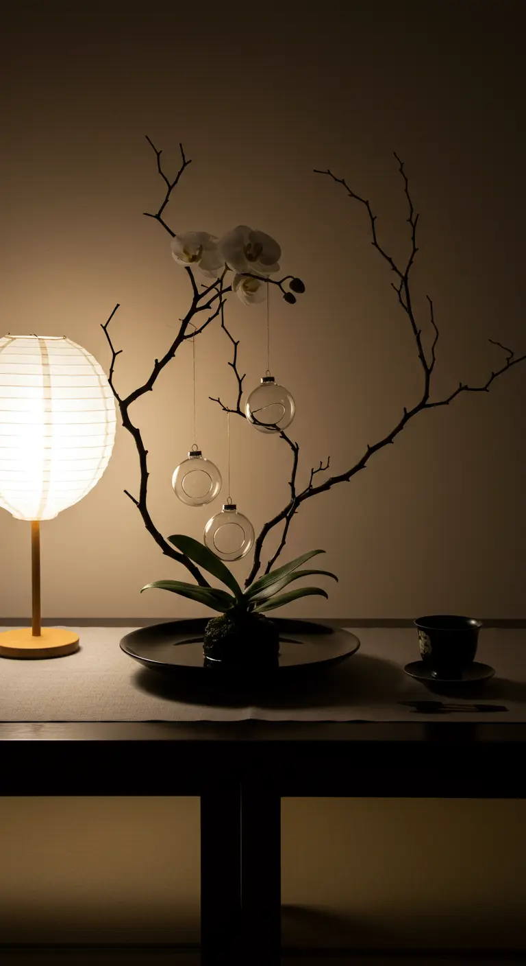 Composition minimaliste avec branches sombres, orchidée et boules de verre suspendues.