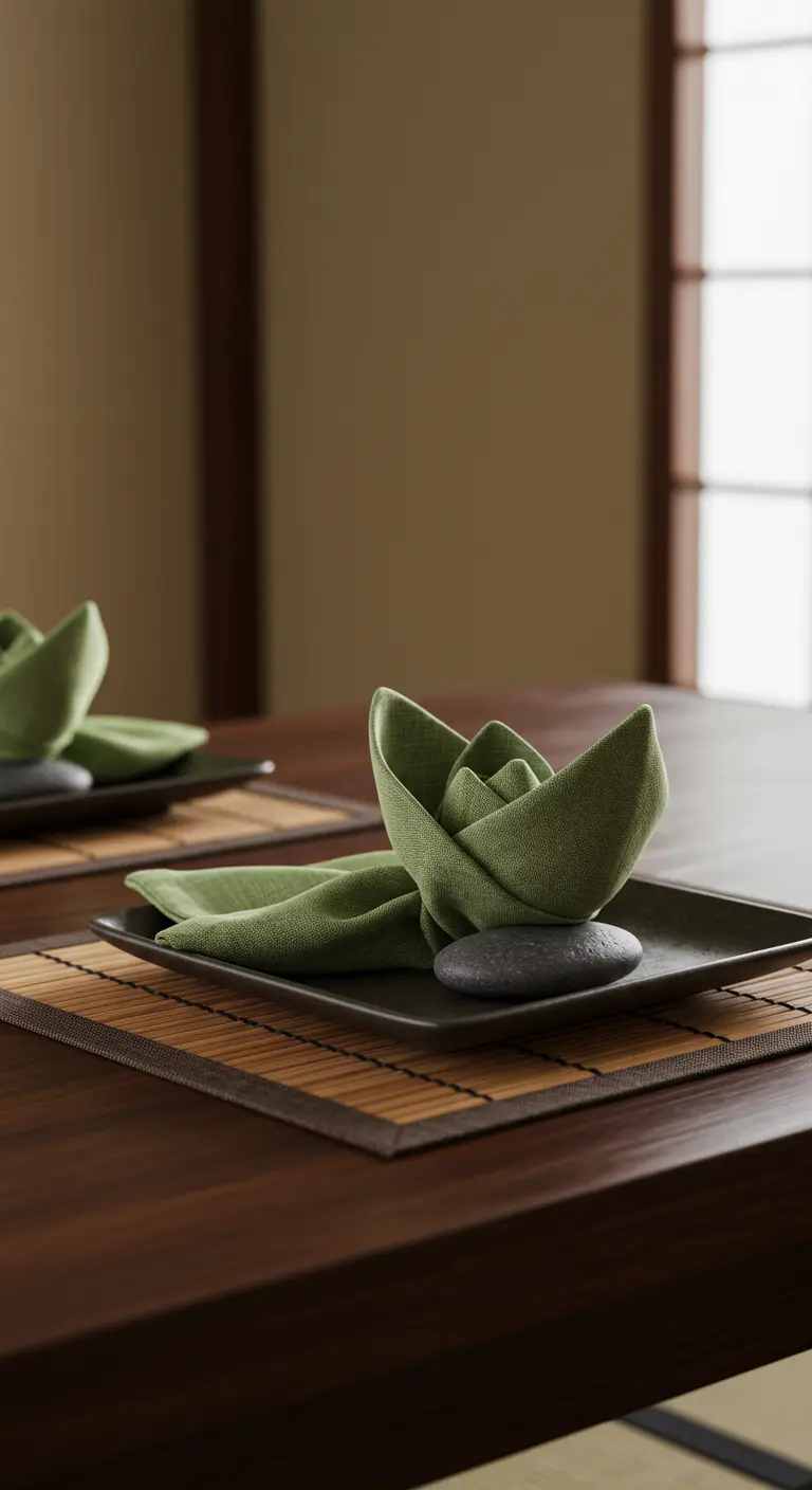 Serviette verte pliée en forme de fleur de lotus sur une table zen.