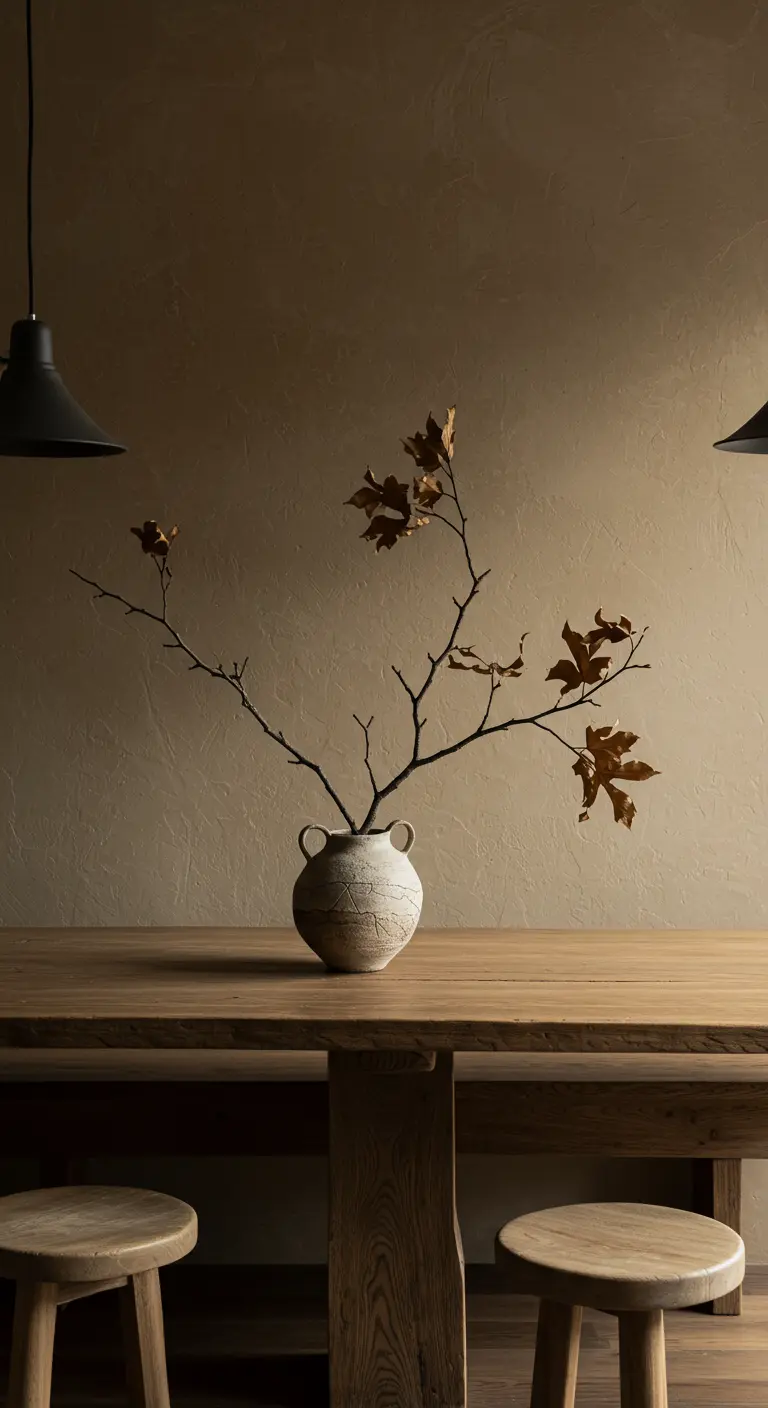 Une unique branche de feuilles séchées dans un pot en céramique rustique sur une table en bois.