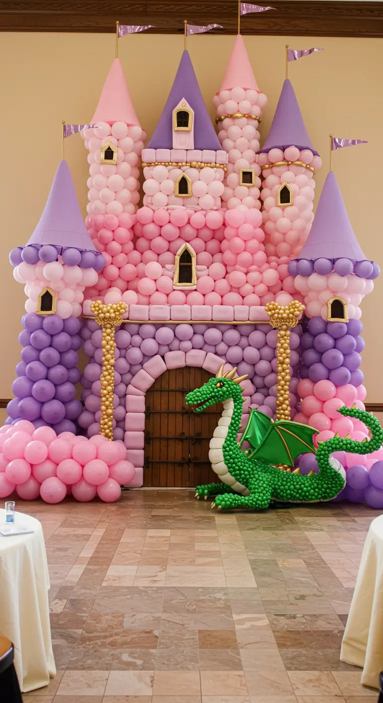 Un immense château de princesse en ballons roses et violets avec un dragon vert.