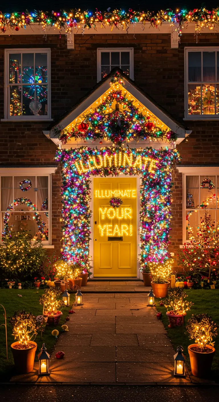Façade de maison illuminée de guirlandes multicolores, néon 