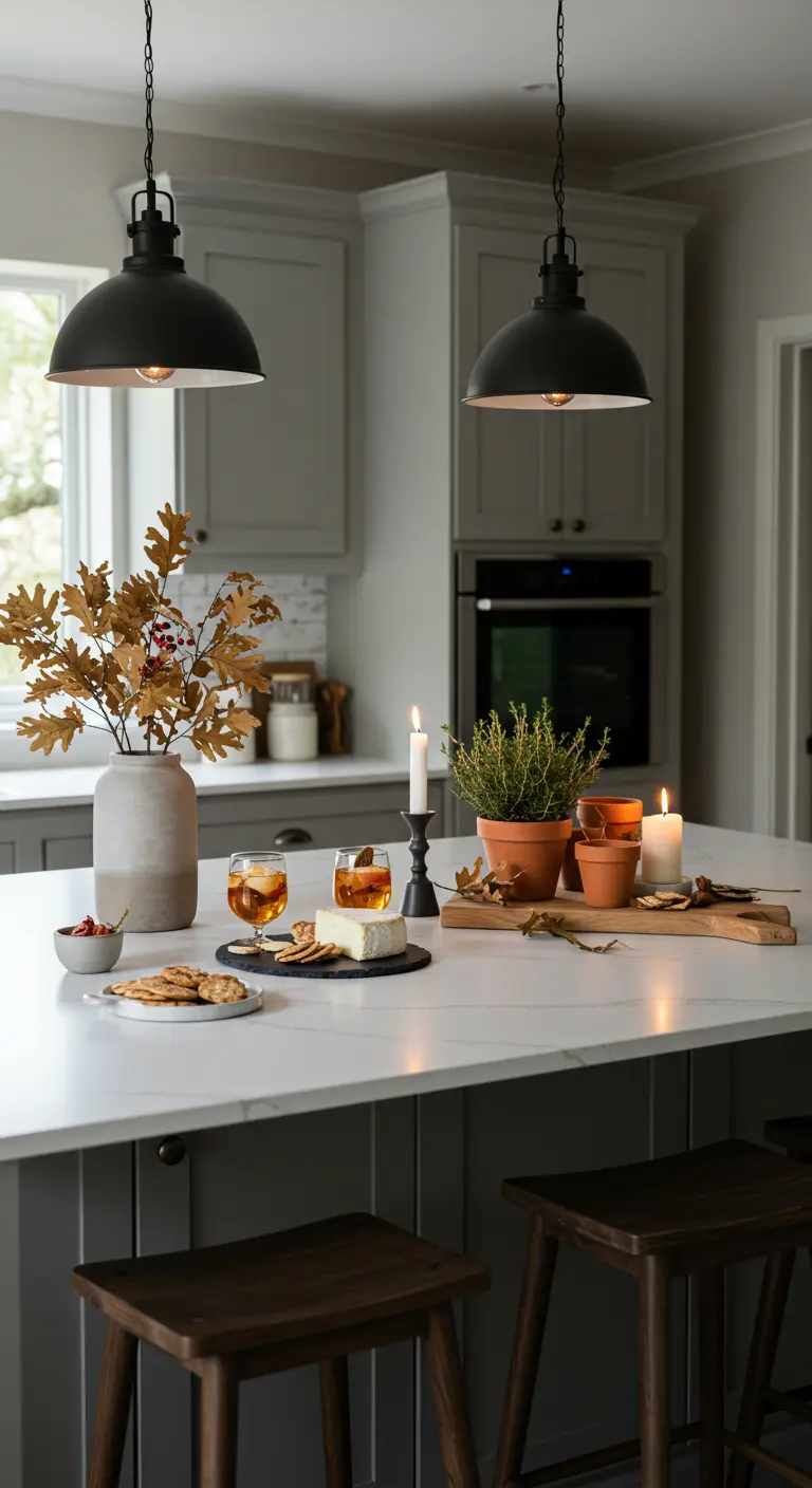 Îlot de cuisine avec vase en grès, feuilles de chêne, petits pots d'herbes, bougies et planches à découper.